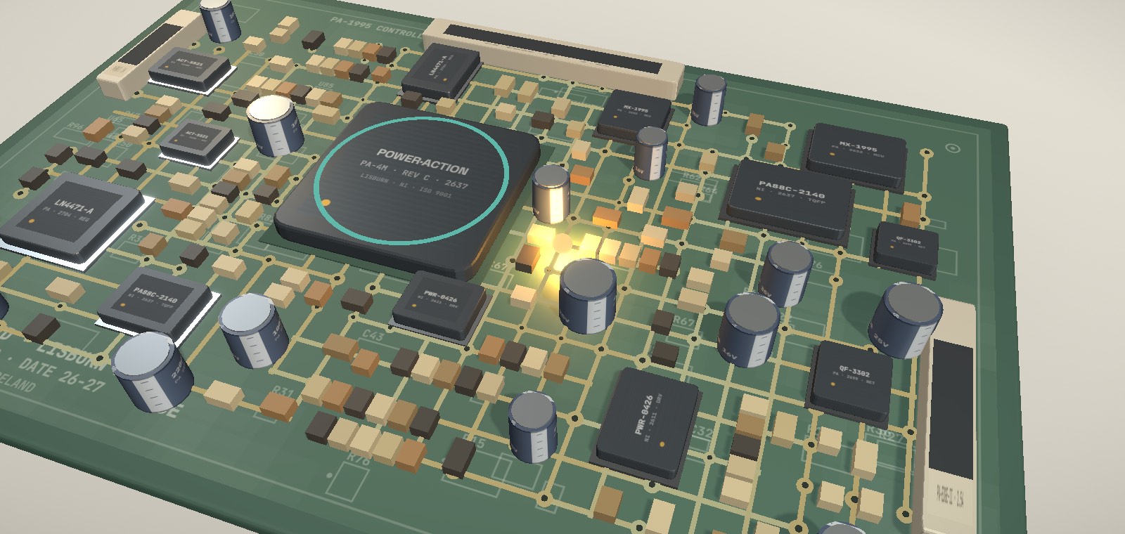 A fully populated controller board seen from above, dense with integrated circuits and capacitors