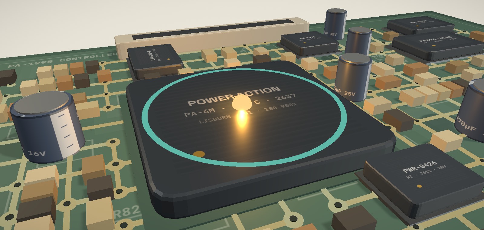 The PA-4M controller processor seated on a populated board, its package covering every one of its joints
